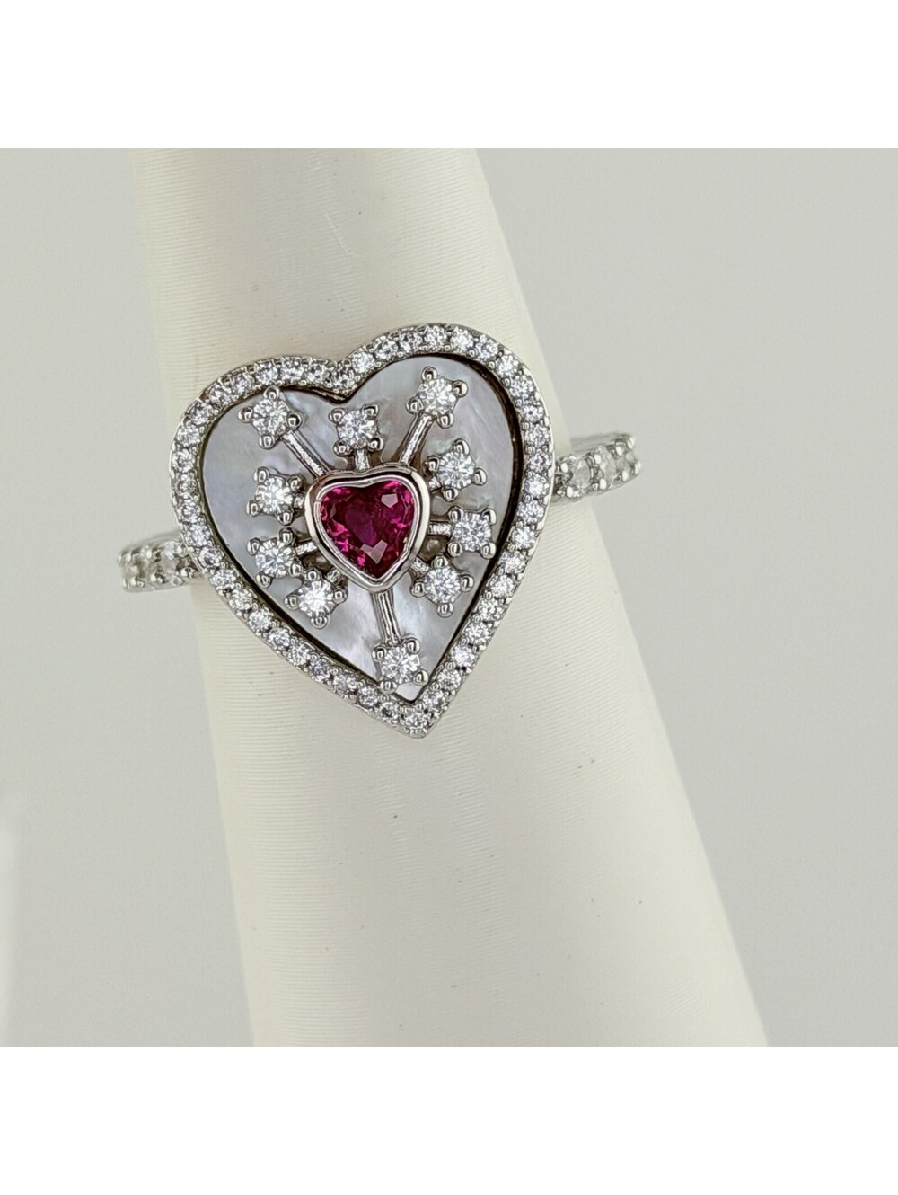 Bomb Party July Sz 8 "Hearts On Fire" Lab Created Ruby on Rhodium